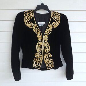 Vintage Morton Myles for the Warrens black velvet gold trim jacket union made
